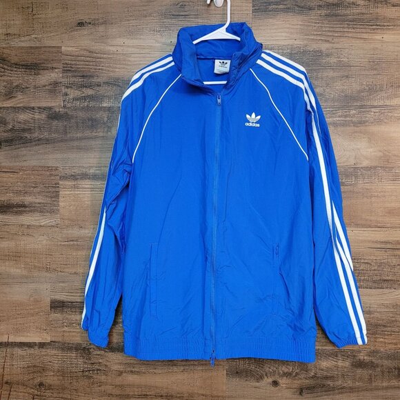Vtg Adidas Trefoil Packable Hood Windbreaker Track Jacket M Pockets Blue Y2K - Picture 1 of 12